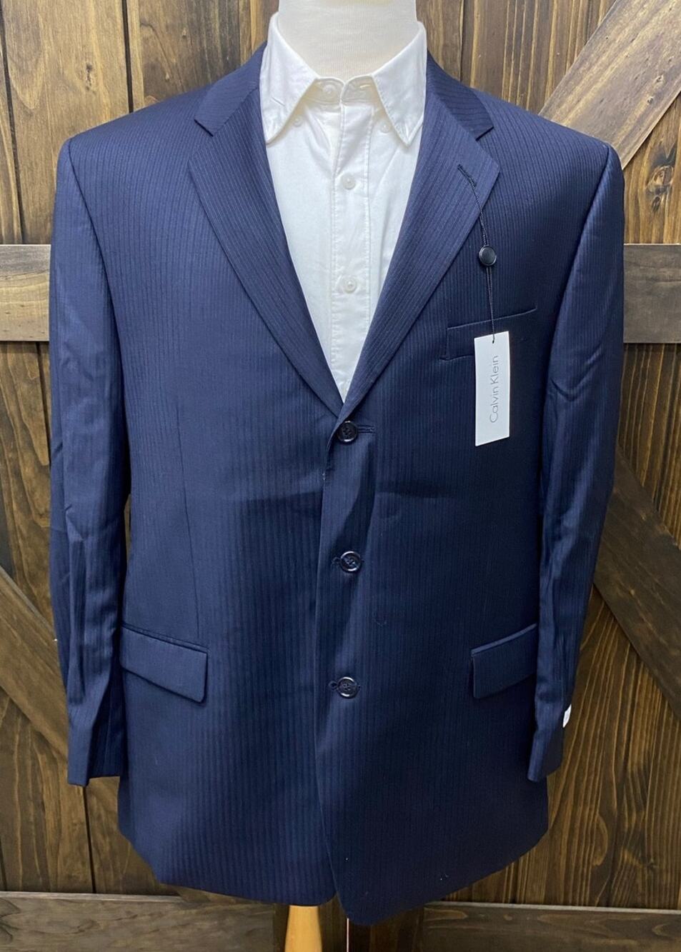 NEW Men Calvin Klein Math2 pin-stripe navy wool 3-button suit jacket blazer, 46R